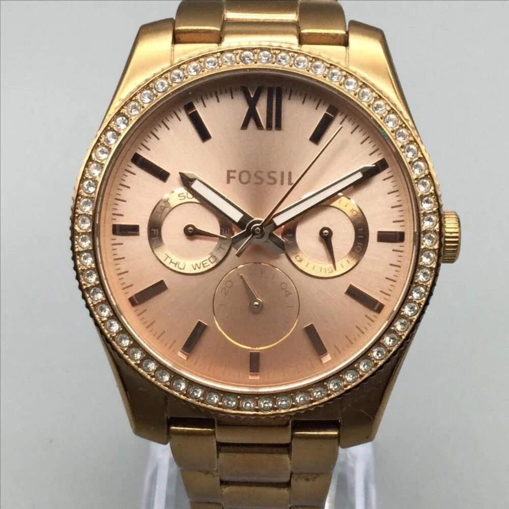 Fossil Womens Watch 38mm Rose Gold Tone Crystals Day Date New Battery 6.75